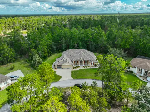 Aerial view of the Grandifloras estate surrounded by mature forest and an expansive circular driveway.