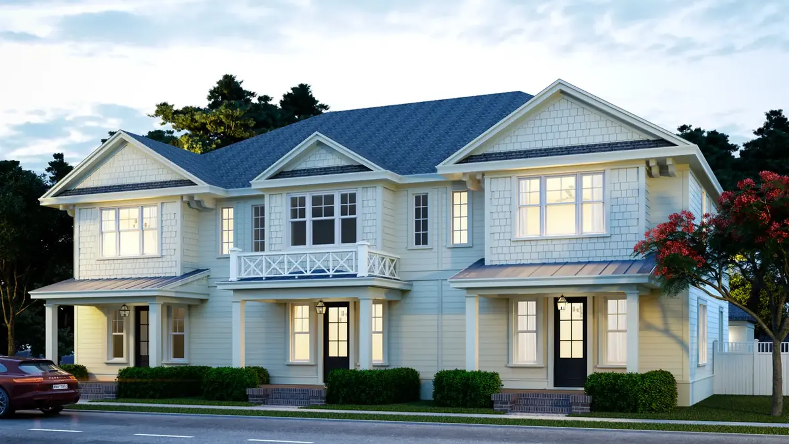 A row of new construction attached townhomes in South Tampa at dusk